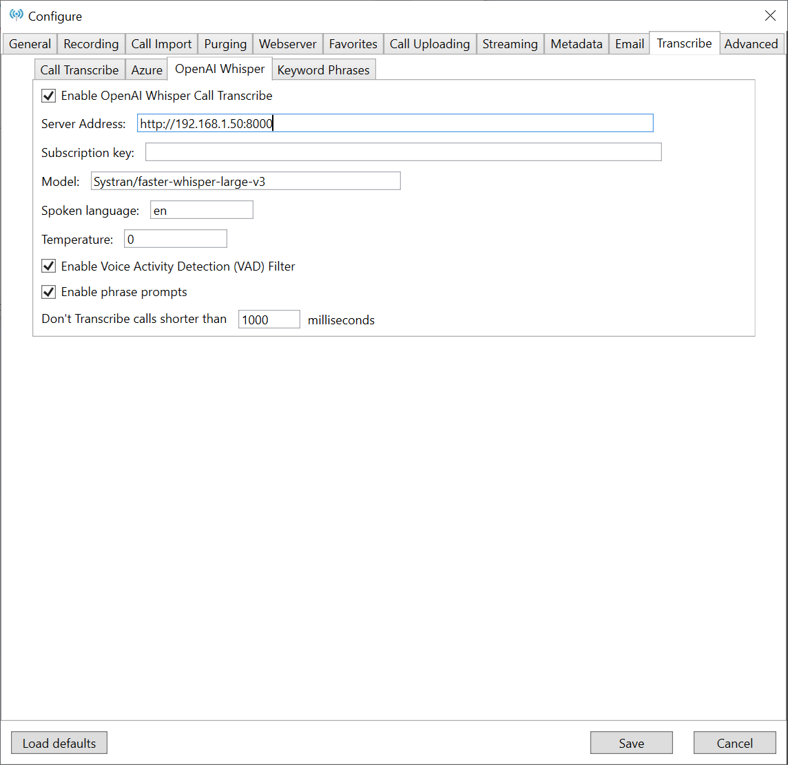 Trunking Recorder Whisper configuration screen