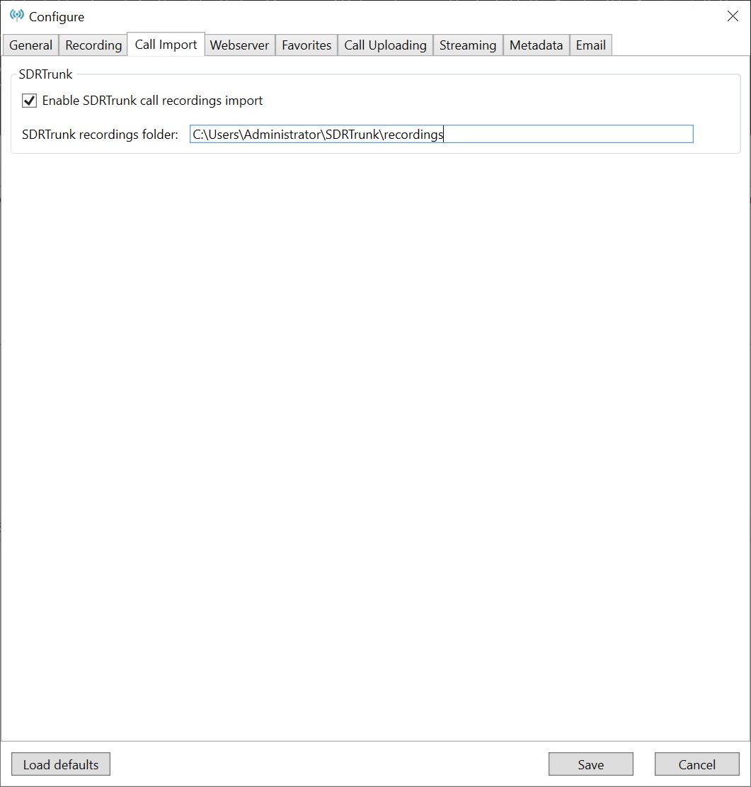 Trunking Recorder Call Import menu